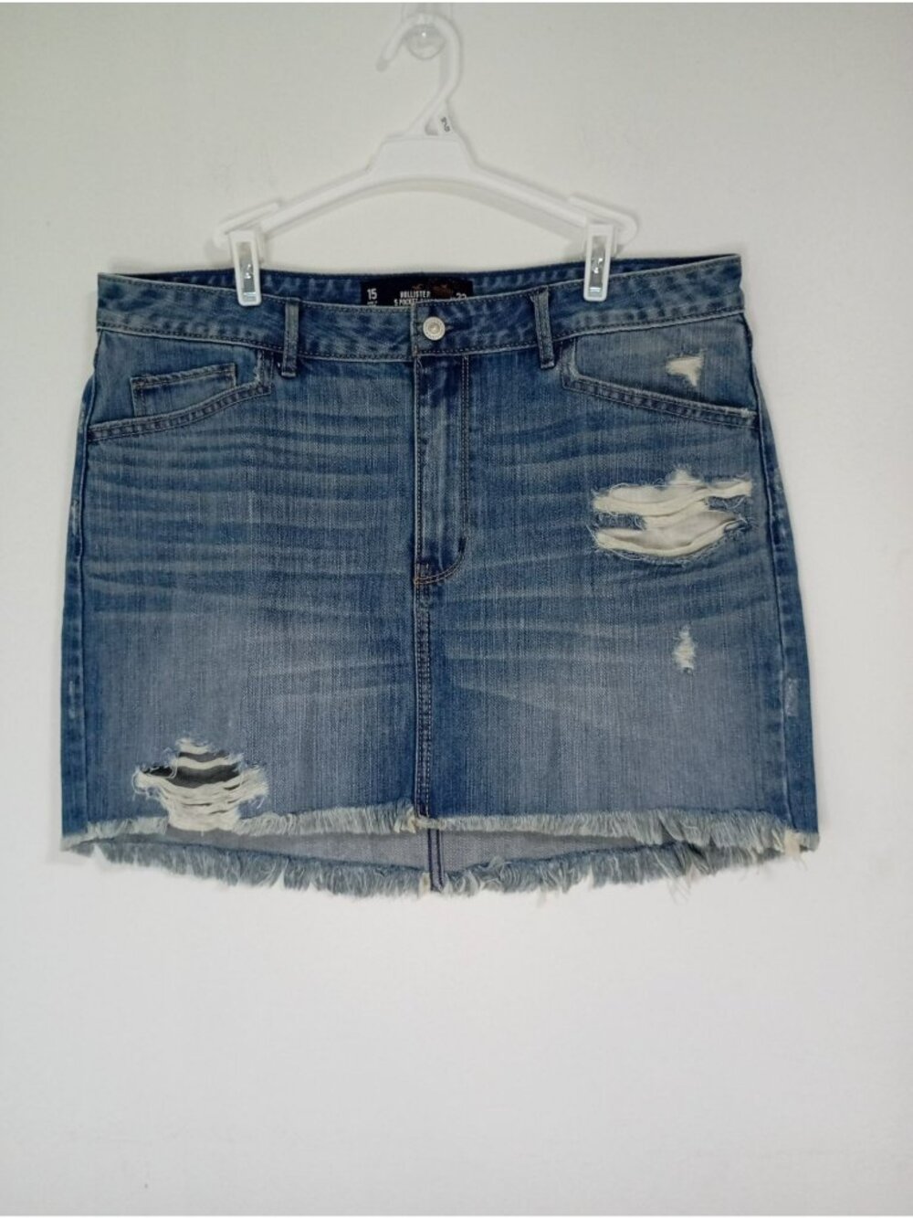 Hollister Distressed Denim Mini Skirt Size 15 Frayed Hem Blue Cotton Casual